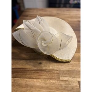 Fancy Off White Church Hat Gold Trim Tulle Bow Wedding Kentucky Derby Tea Party